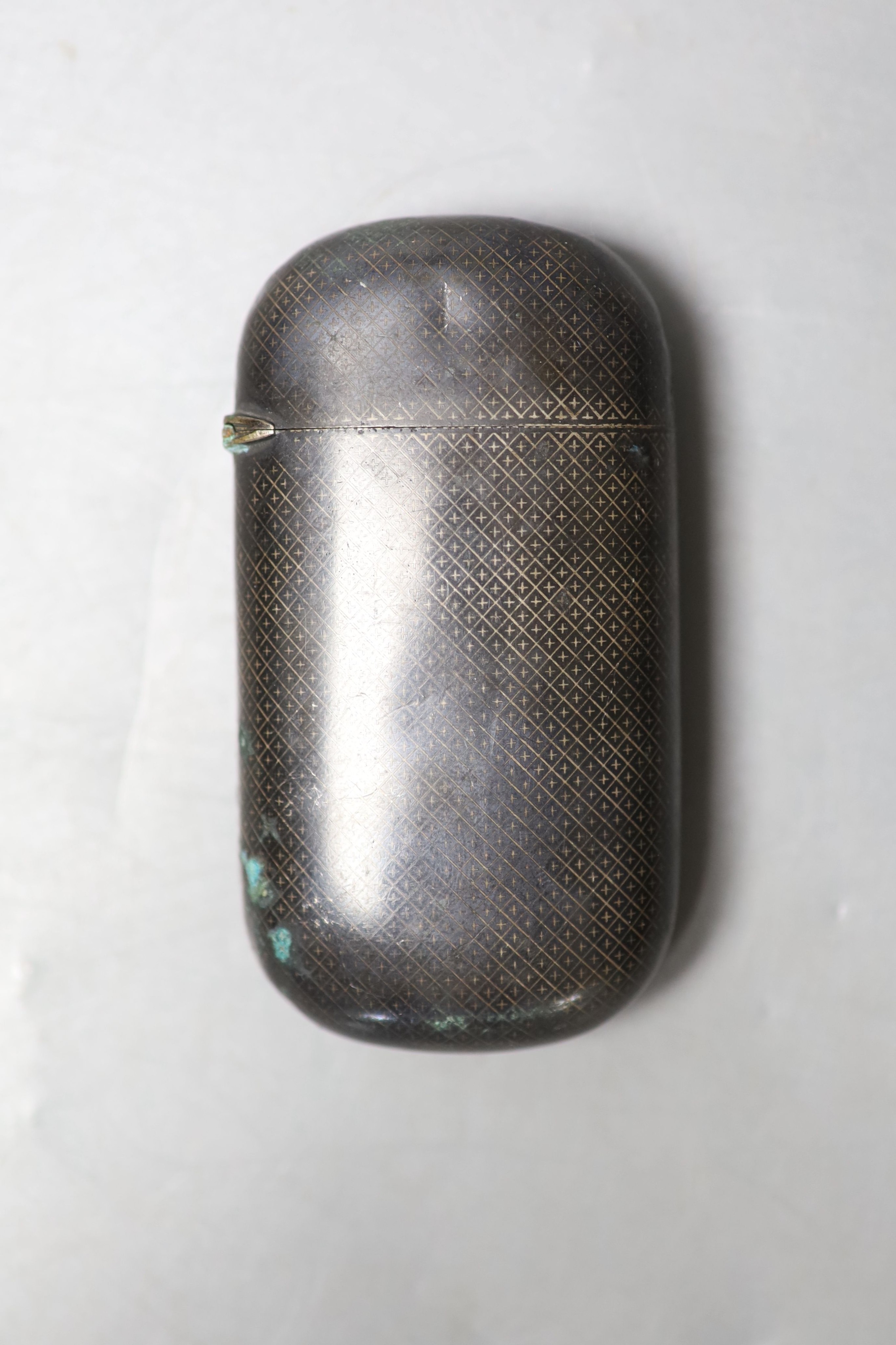 A 19th century French white metal and niello cigarette? case, 93mm, gross 79 grams.